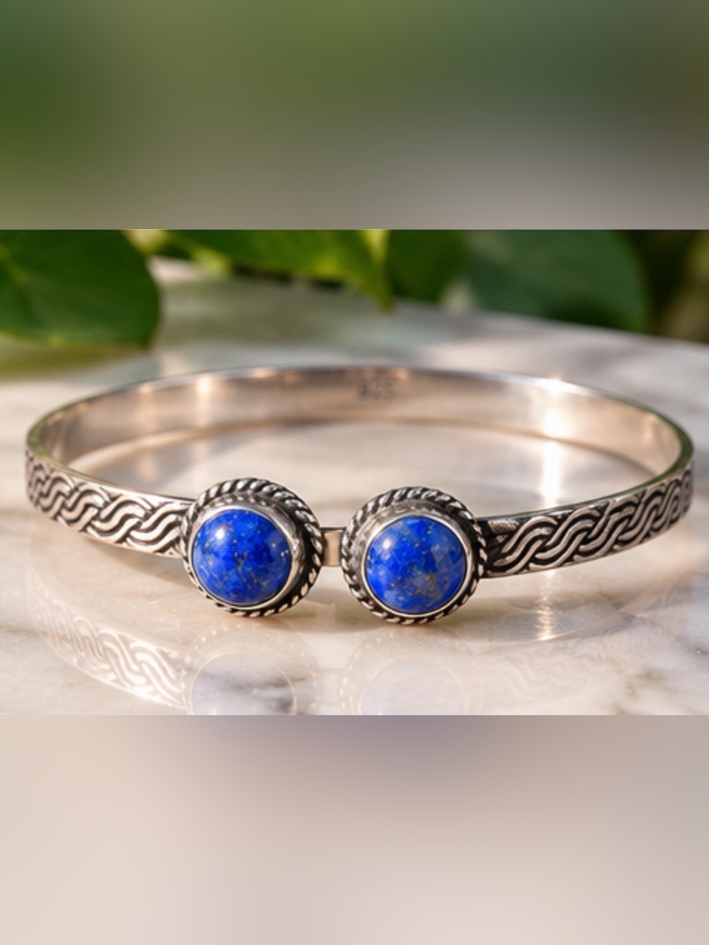 925 Sterling Silver plated Lapis Cuff Bracelet - Blue Stone